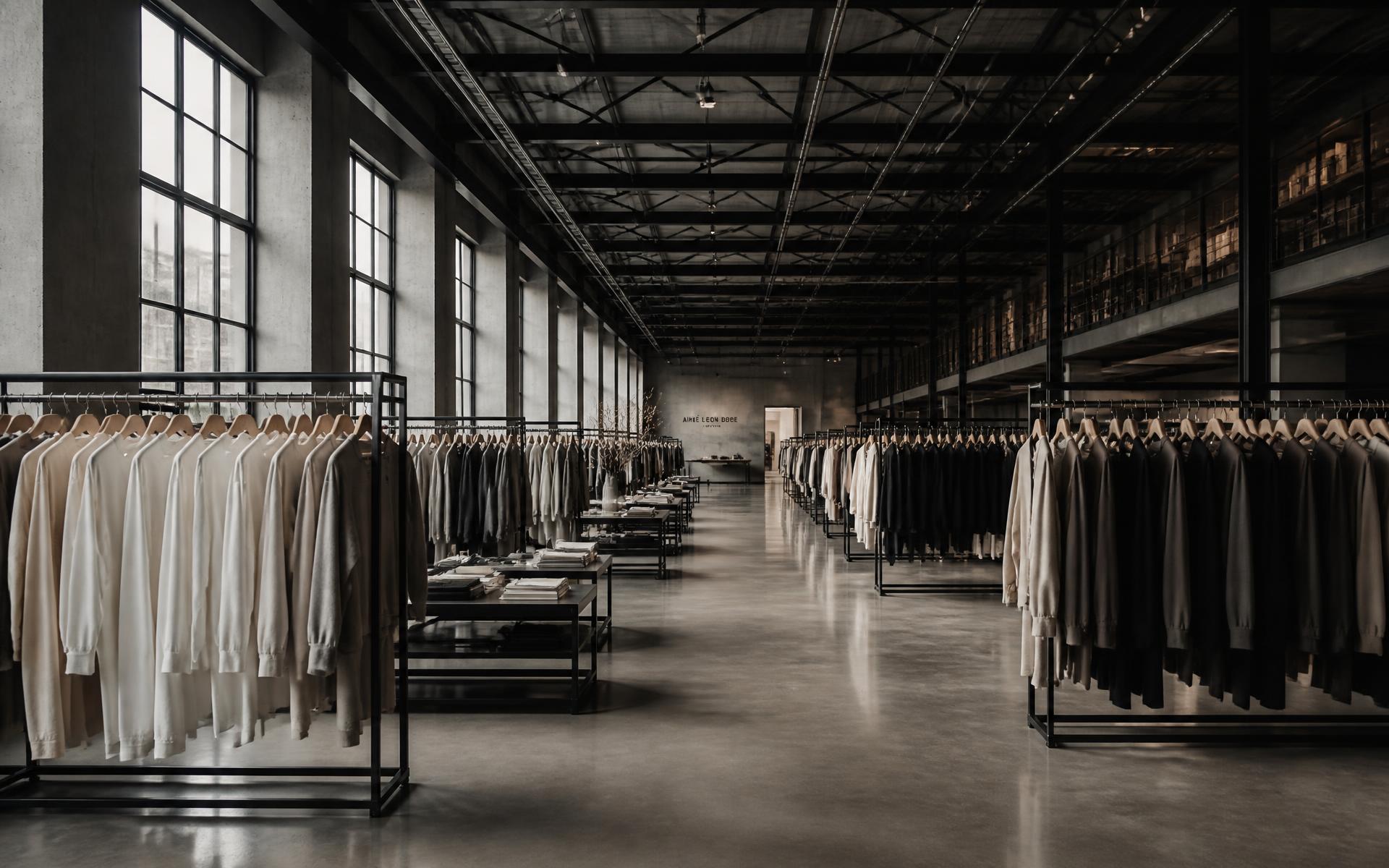 Rails of neutral apparel inside a modern European fashion distribution hall